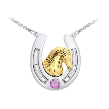 Friesian Horse in Horseshoe Silver and 22K Gold Plate Necklace MNC124 - Jewelry